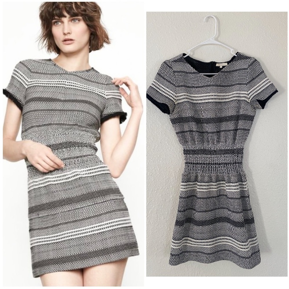 Maje striped Ricka jacquard black and white sheath mini dress w/cuffed sleeves